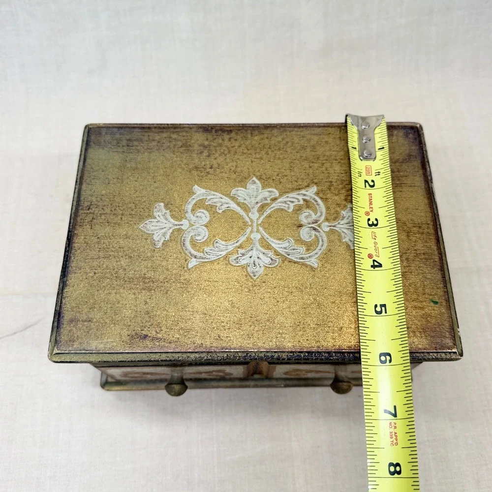 Vintage Italian Florentine Jewelry Box Gold Gilt Wood Red Velvet Mirror Trinket